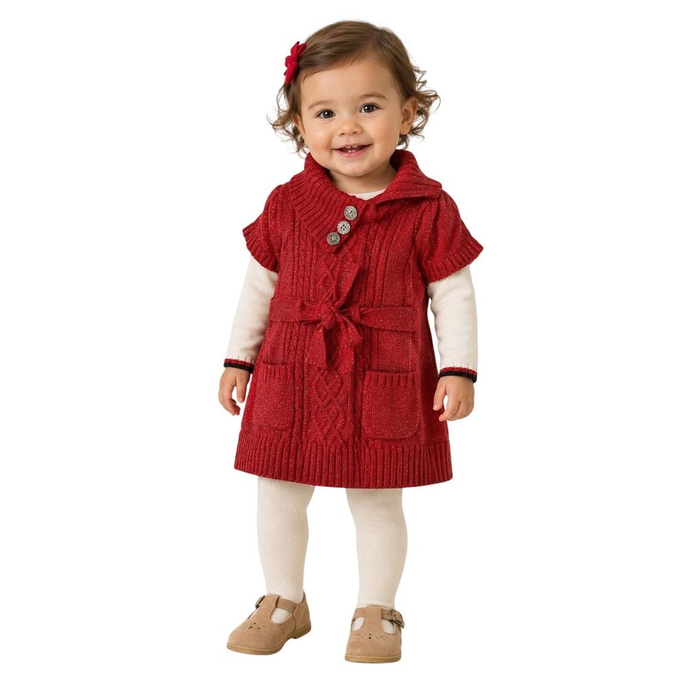 Little Lass sweater dress Long sleeve collar belt cable knit sparkle red 24m